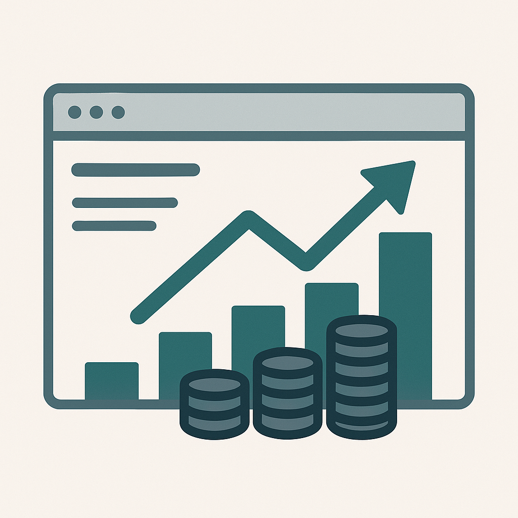 Minimalist website wireframe with upward financial graph and coin stacks