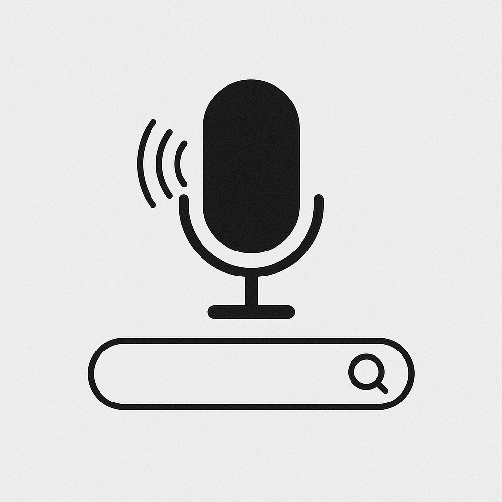 Microphone icon with sound waves merging into a search bar
