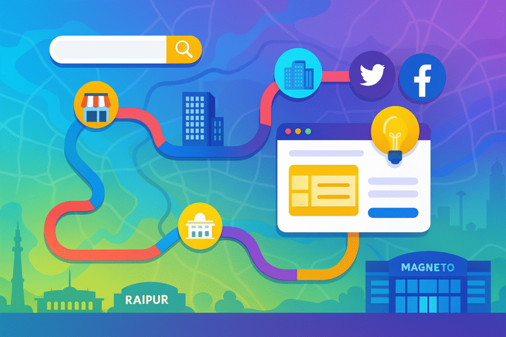 Vibrant digital roadmap over Raipur map with business icons, search bar, and social media