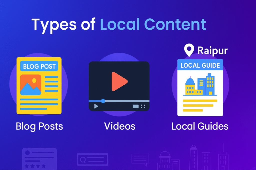 Infographic showing types of local content including blog posts, videos, and local guides with Raipur label