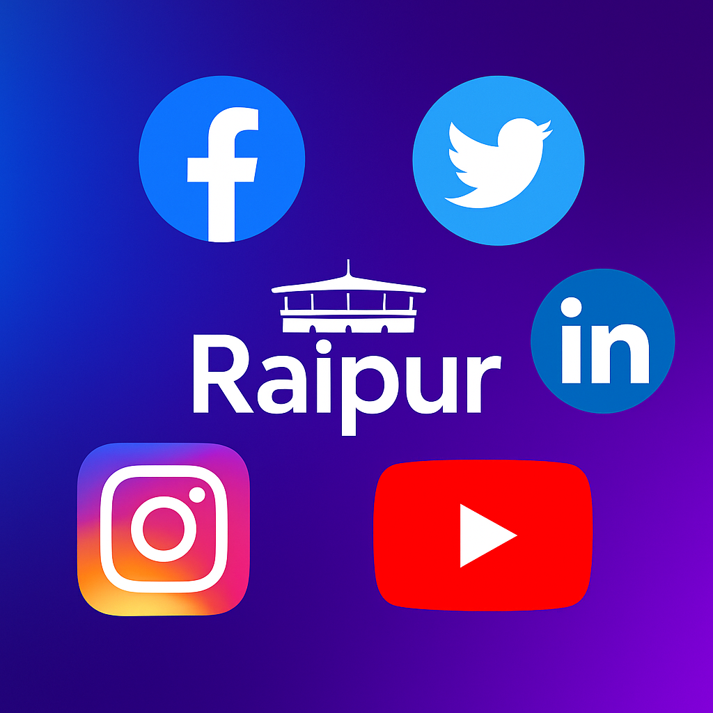 Social media logos surrounding Raipur label with local icon