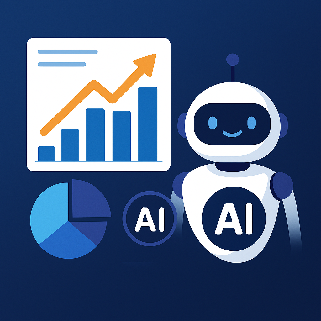 Illustration of AI robot with charts and analytics icons suggesting smart data growth