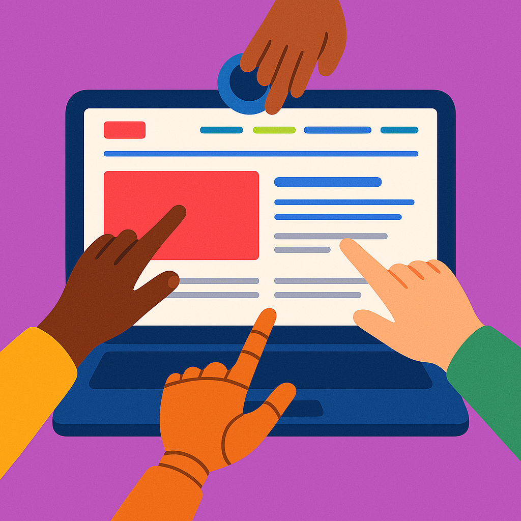 "Four diverse hands interacting with a laptop screen displaying a colorful modern website interface"
