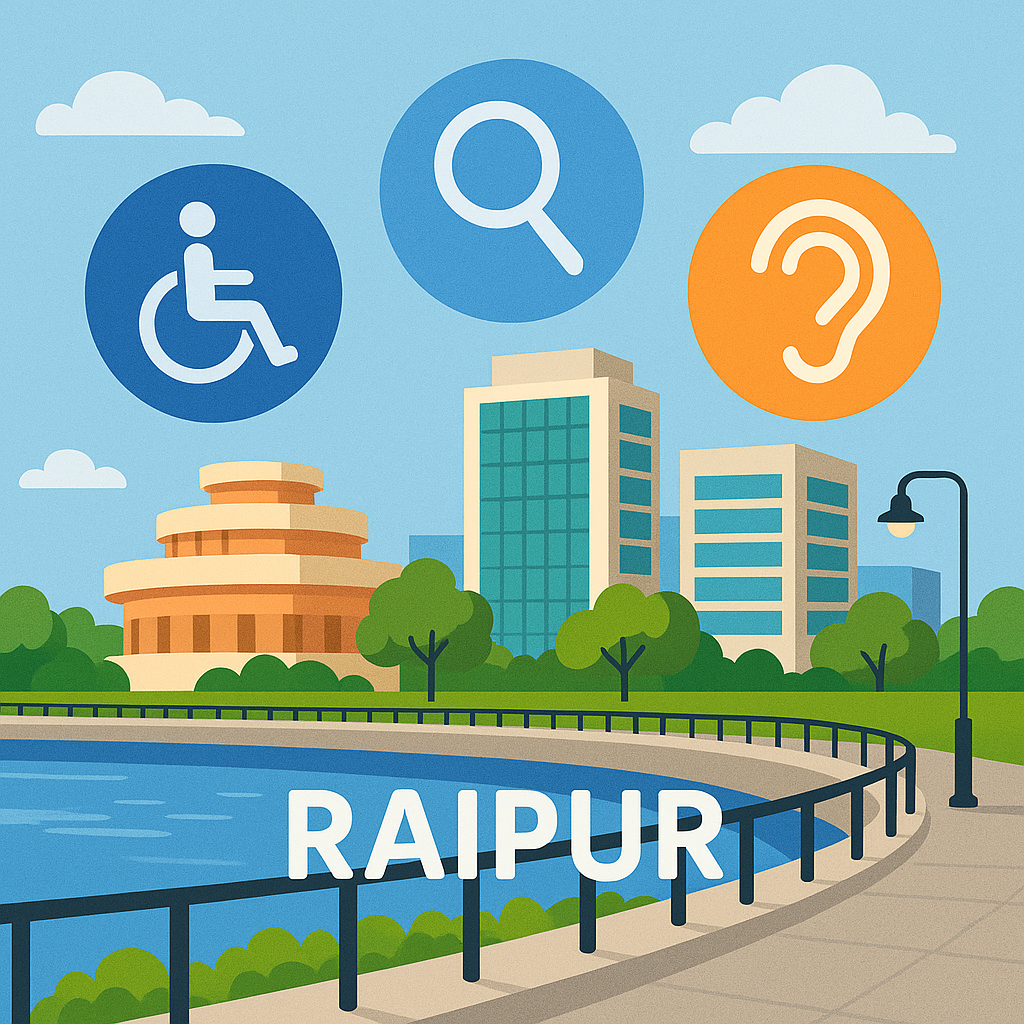 "Raipur cityscape with Marine Drive promenade and accessibility icons overlaid above buildings"