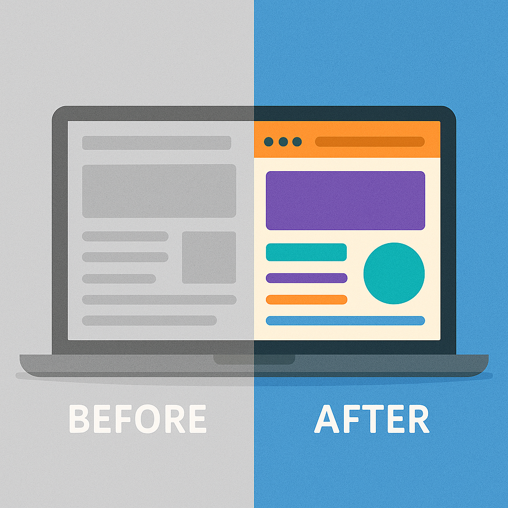 "Split-screen illustration of a website on a laptop with cluttered layout on left and accessible design on right"