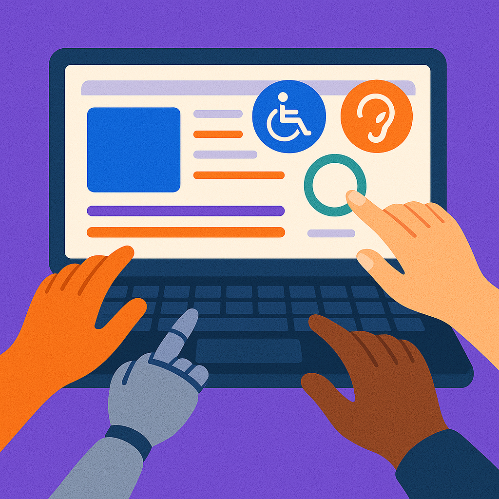 "Diverse hands interacting with a laptop displaying accessible web design icons"