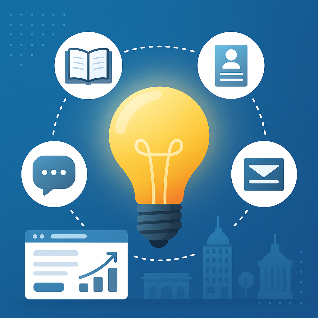 Glowing lightbulb surrounded by lead magnet icons including ebook, chat, email, and contact form