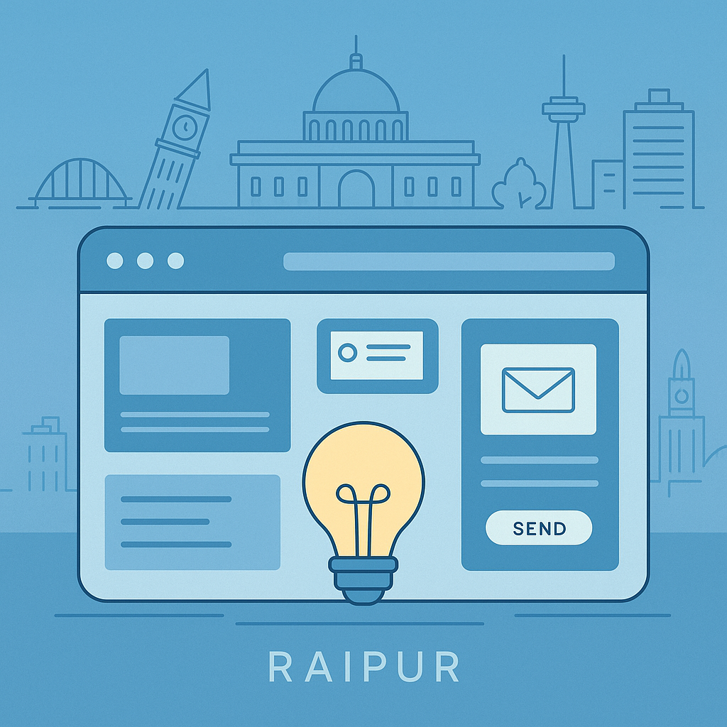 Raipur city skyline with website browser window and lead capture form elements