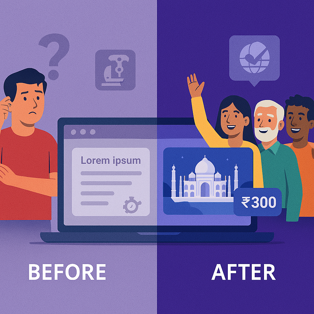 "Before and after image showing transition from robotic translation to culturally adapted website content"