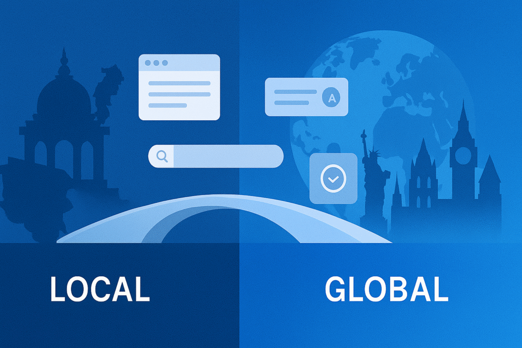  "Illustration of a bridge connecting a local Raipur silhouette to global landmarks with floating website interface elements"