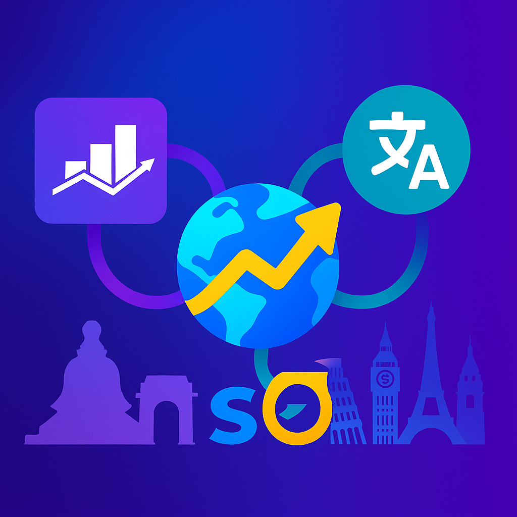  "Illustration showing Rank Math and multilingual plugin icons merging around a globe with an upward arrow, symbolizing global SEO optimization"