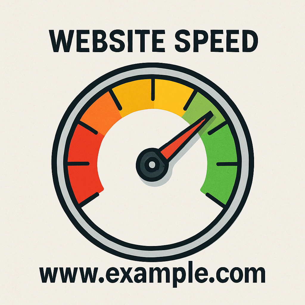 Speedometer gauge showing high website speed with "WEBSITESPEED" and "www.example.com" text below.