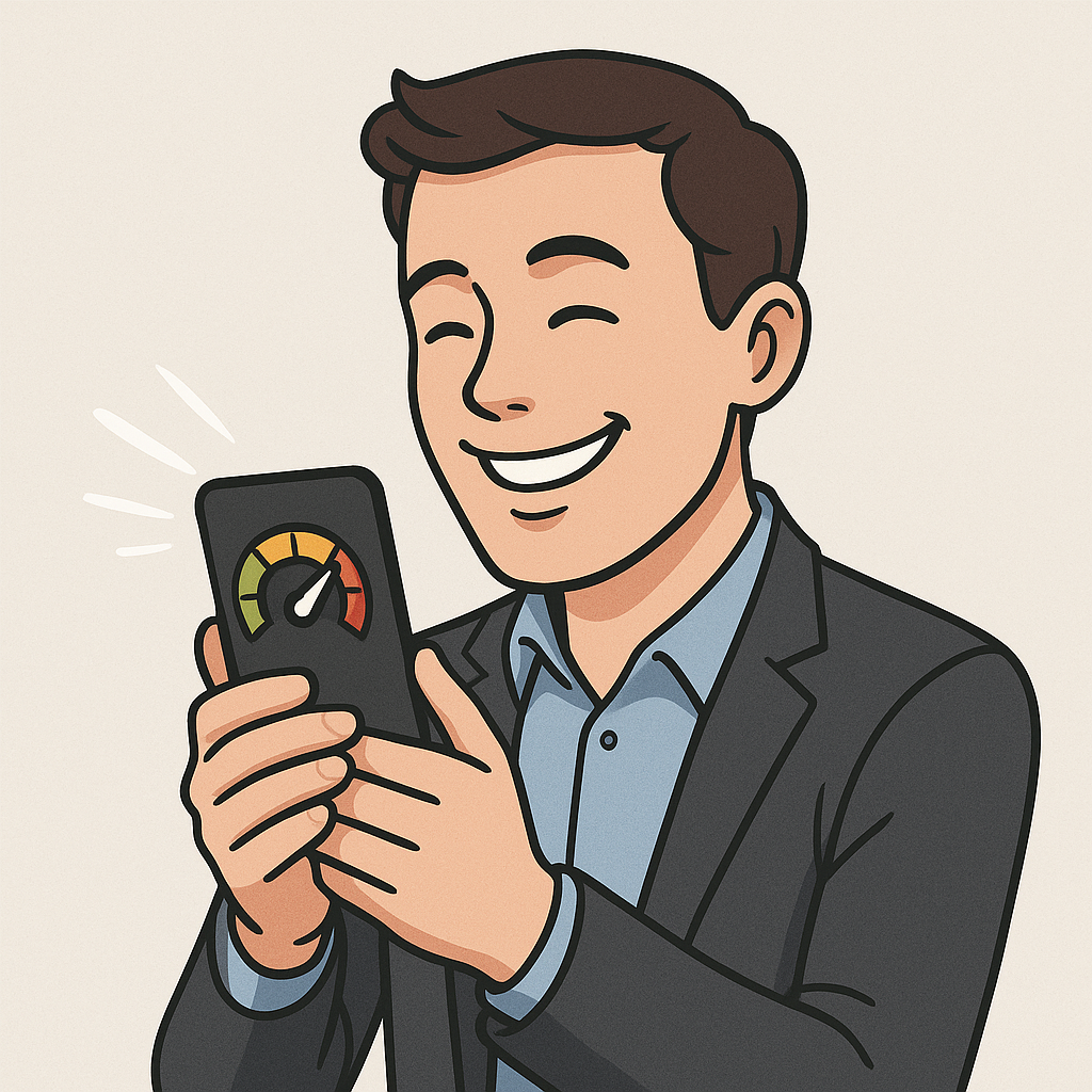 Smiling client looking at a smartphone displaying a fast-loading speedometer screen.
