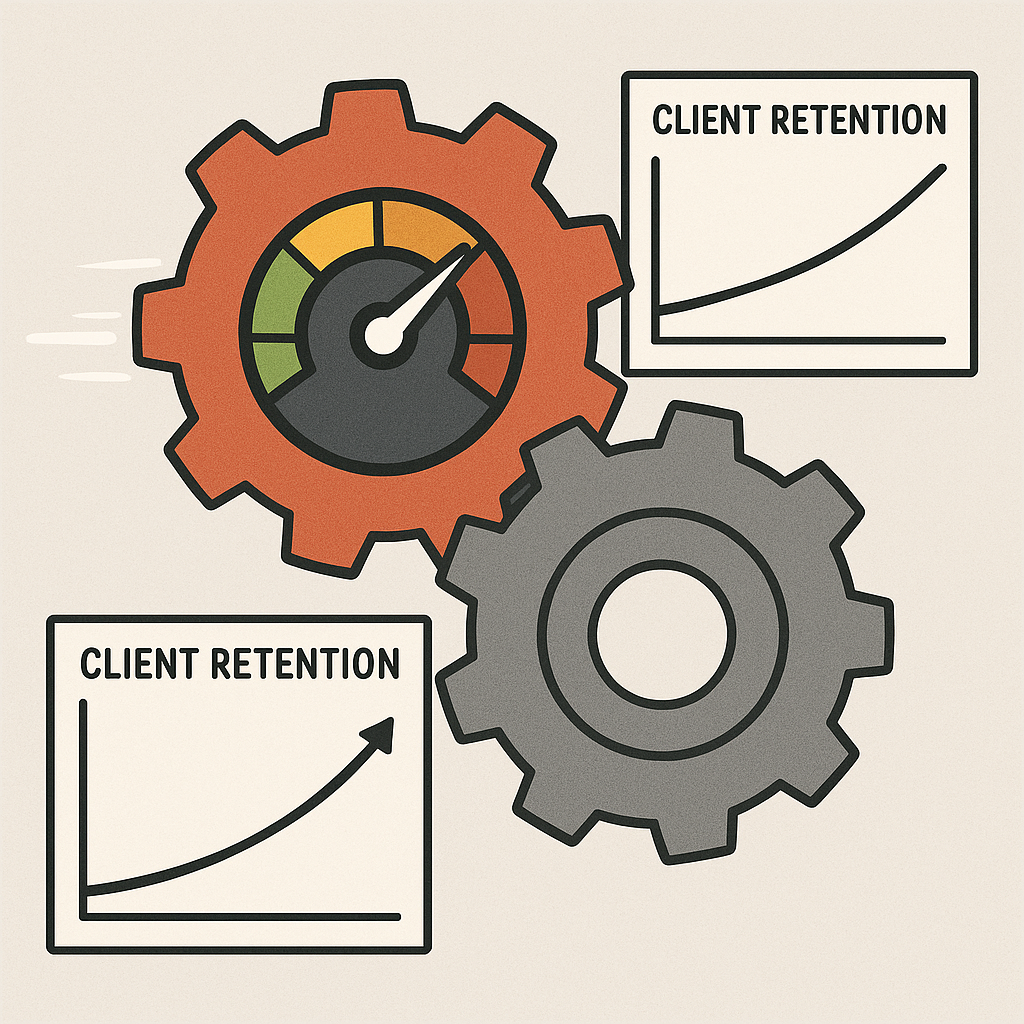 Two interlocked gears—one fast with a speedometer and one slow—surrounded by client retention graphs.