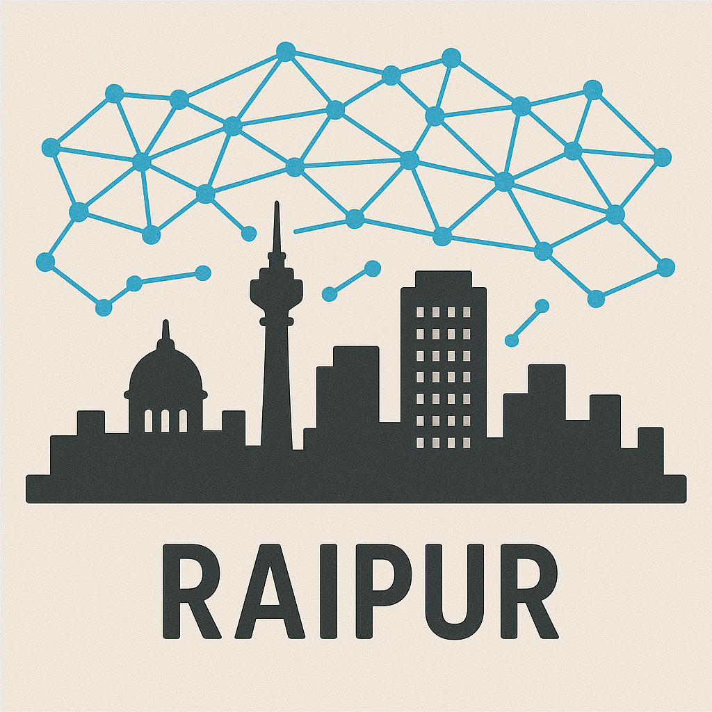 Raipur skyline with a digital connection web symbolizing fast website connectivity.