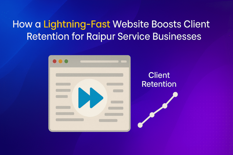 A fast-forward symbol on a web browser window with a rising client retention graph and Raipur service context.