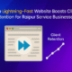 A fast-forward symbol on a web browser window with a rising client retention graph and Raipur service context.