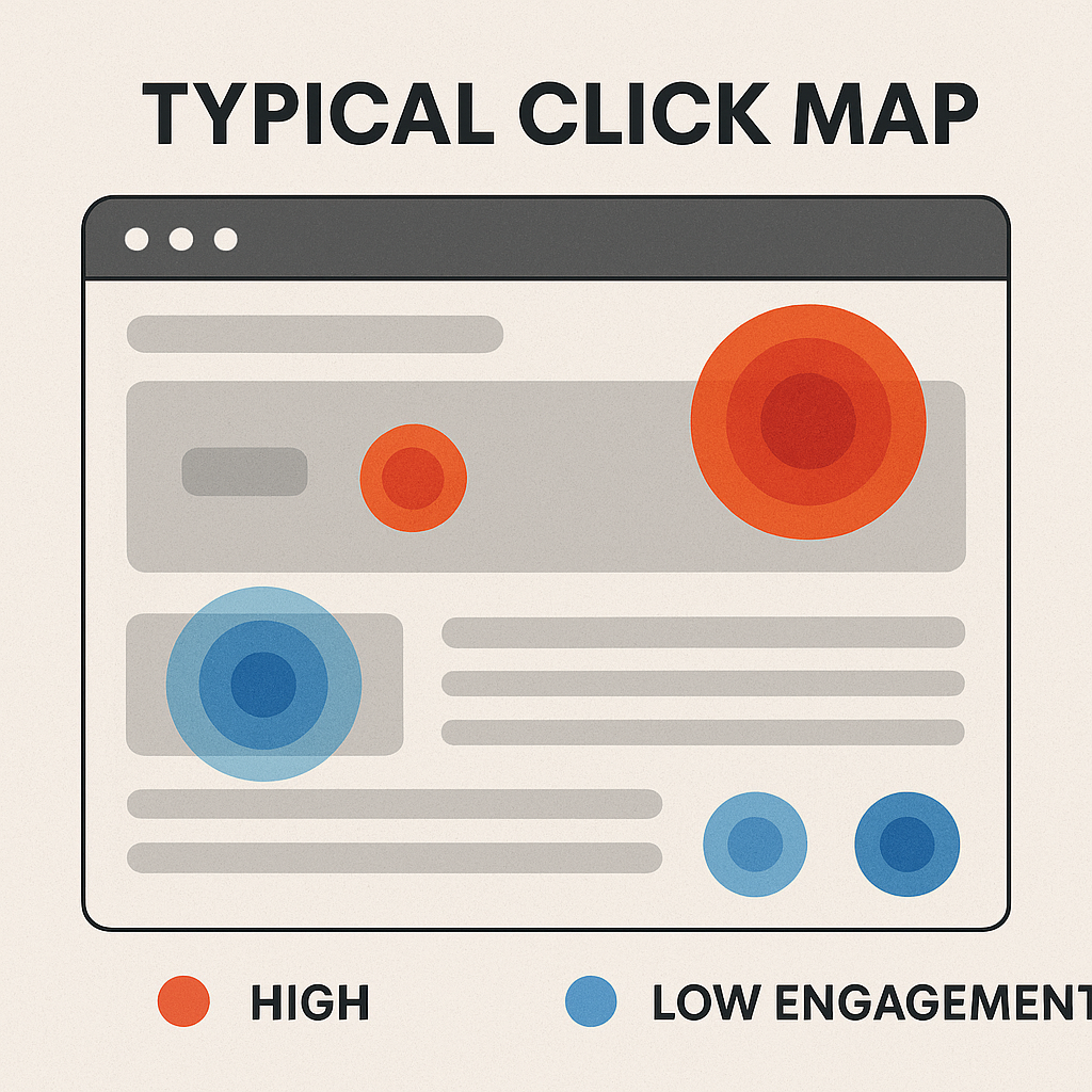 Example of a website click map showing user interaction hotspots