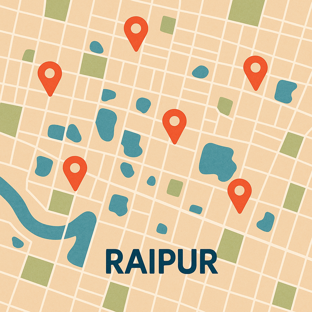A stylized map of Raipur with pins on business locations.
