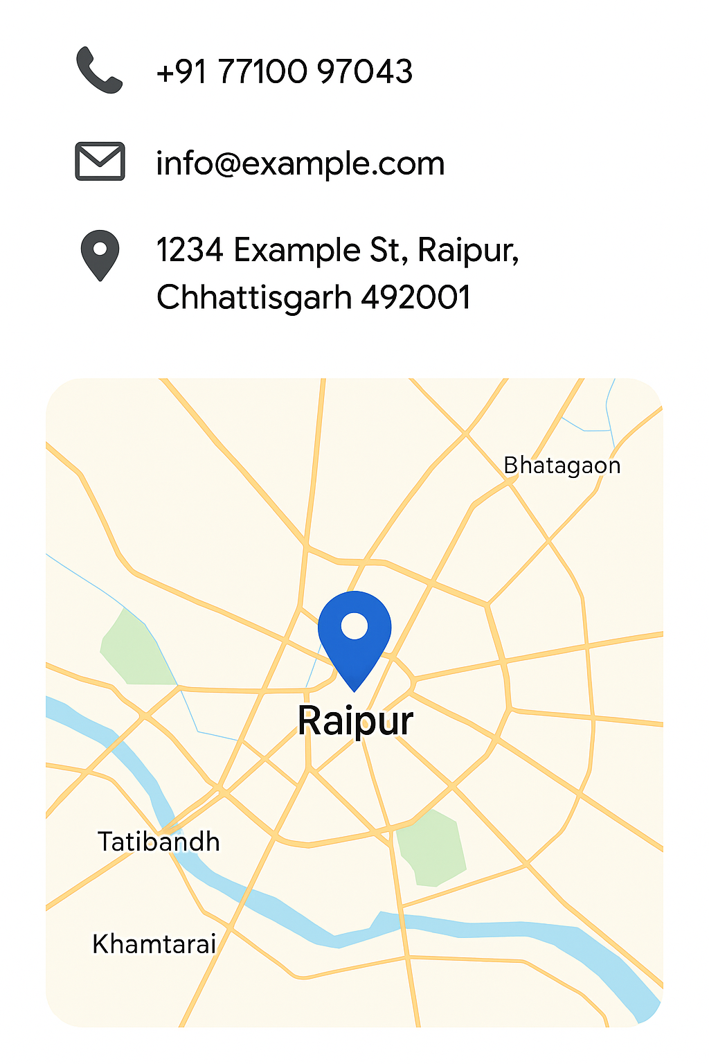 A section of a website showing contact information and a map of Raipur.