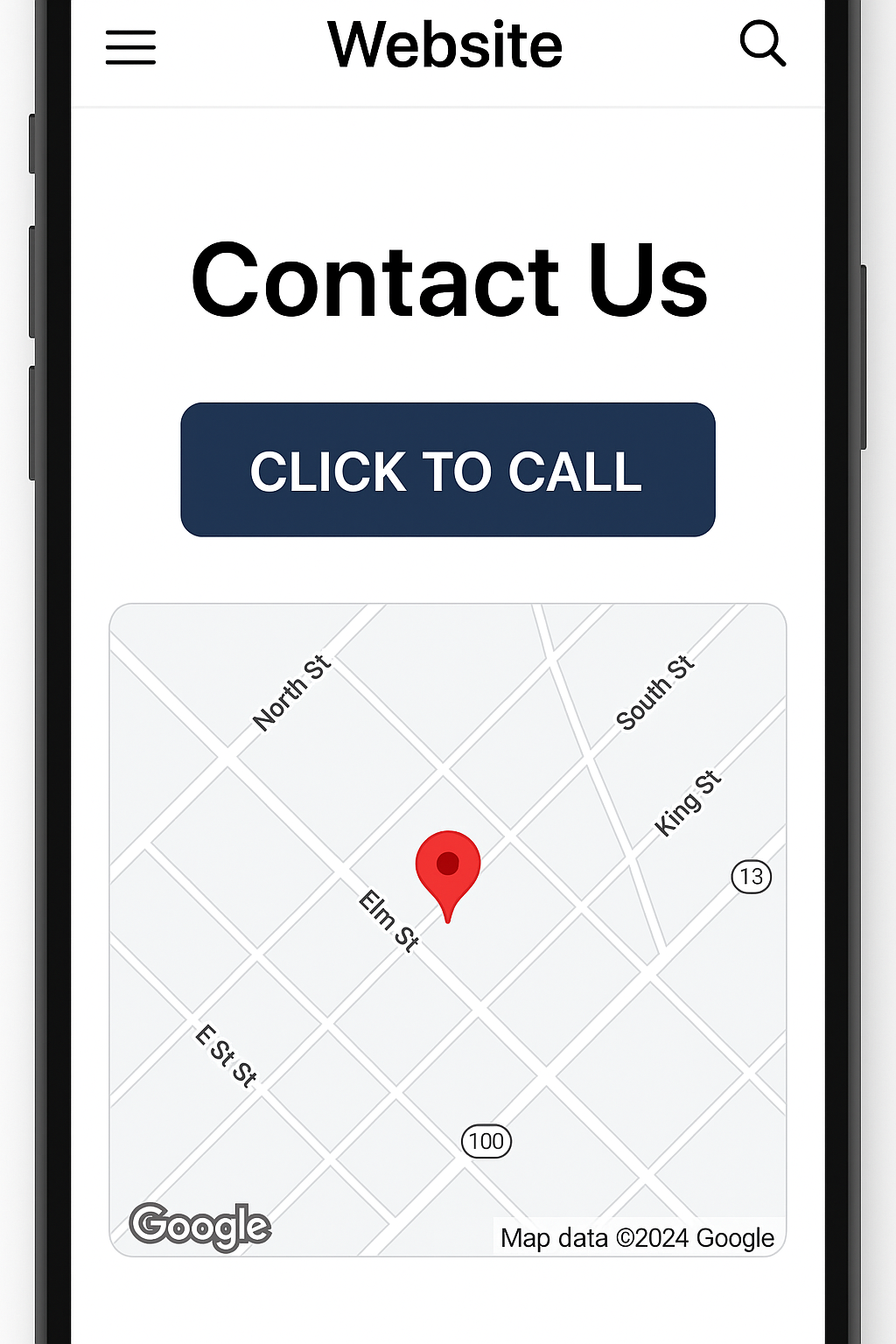 Mobile website displaying a prominent click-to-call button and an integrated Google Map.