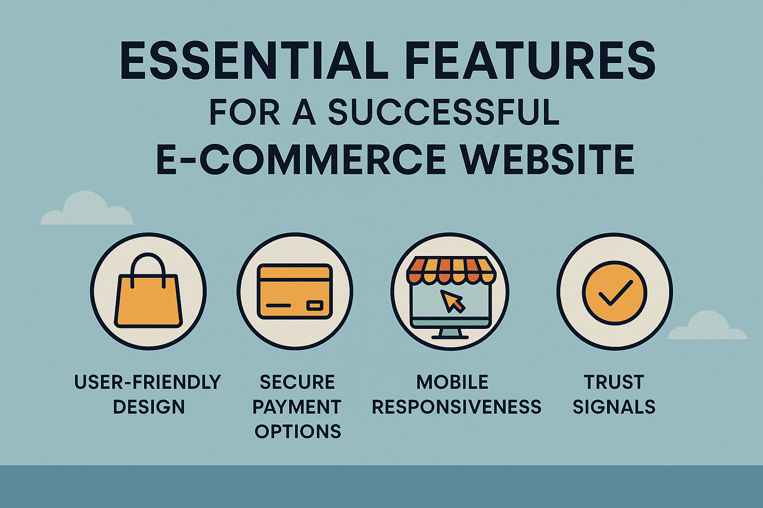 "Infographic showing essential features for a successful e-commerce website: user-friendly design, secure payments, mobile responsiveness, trust signals"