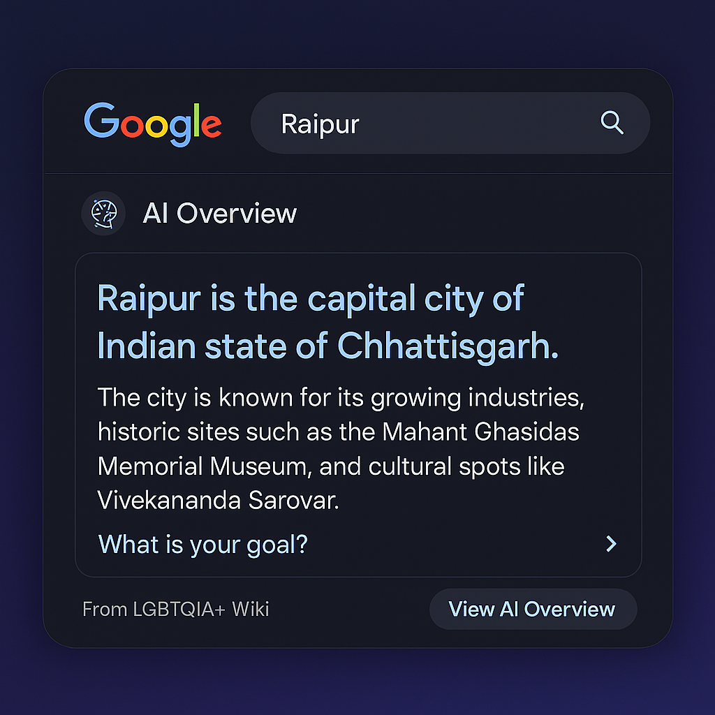 AI Overview snippet from Google displaying information about Raipur