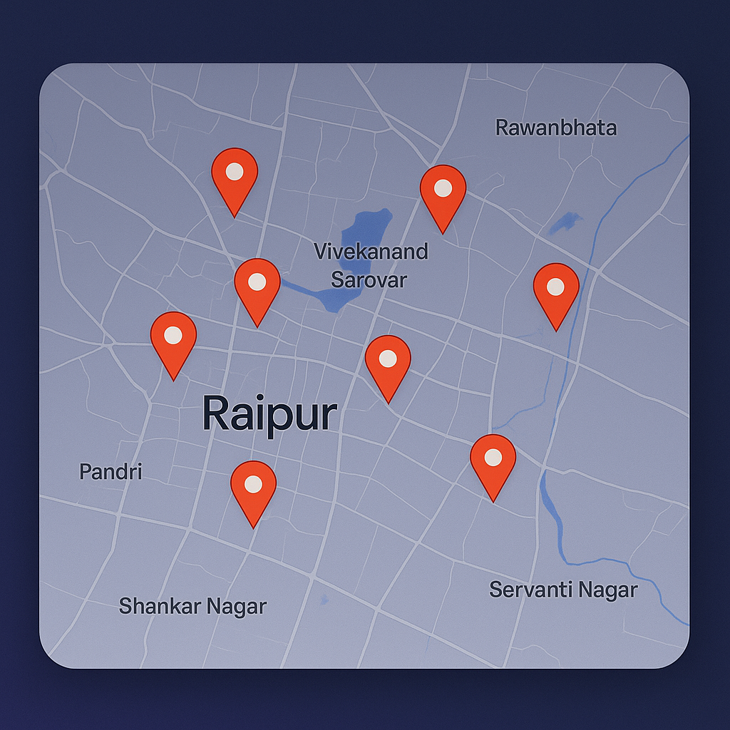 Digital map of Raipur with red search pins highlighting key local areas
