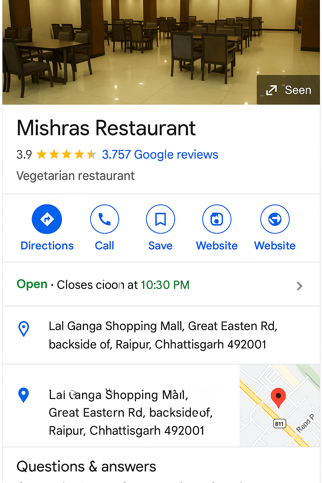 A Google Business Profile screenshot for Mishras Restaurant in Raipur, showing location, rating, hours, and contact options