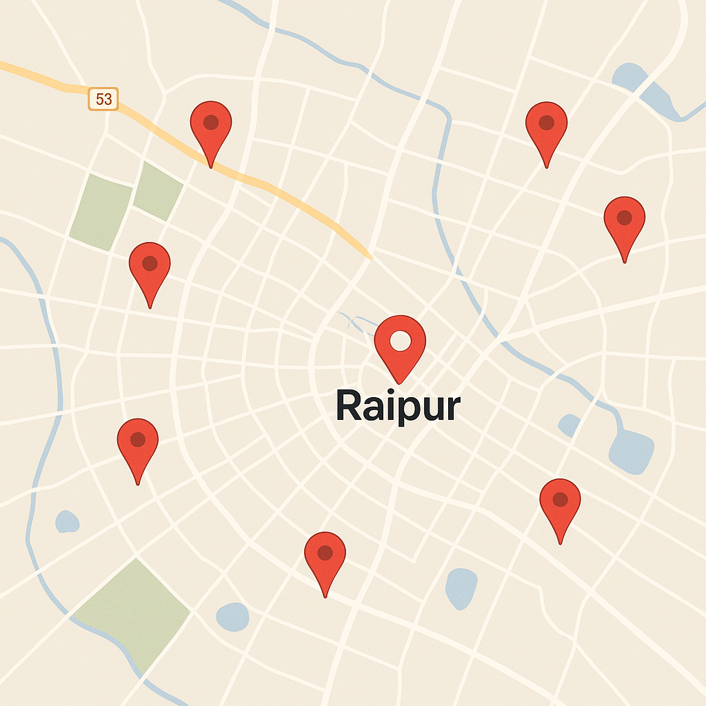A map of Raipur highlighting different business locations with red markers