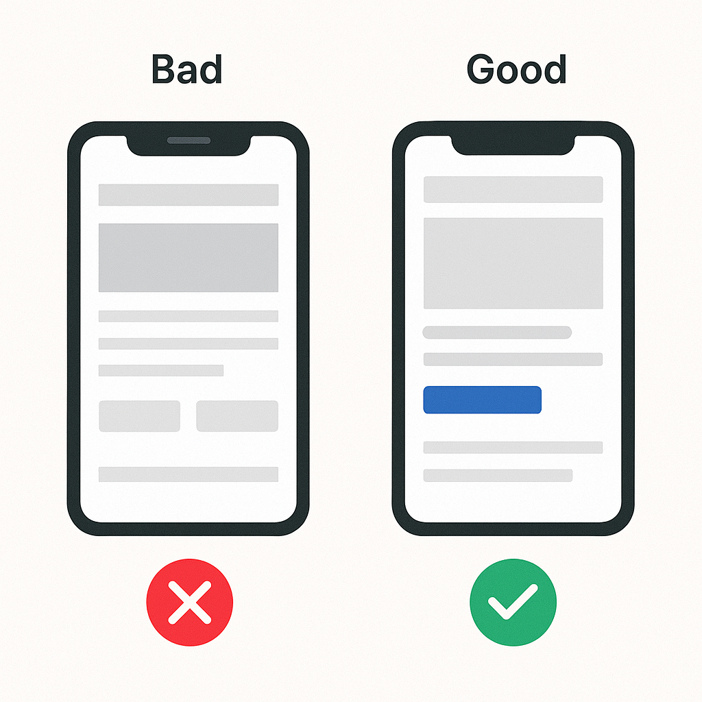 Split image showing bad vs. good mobile responsive website designs