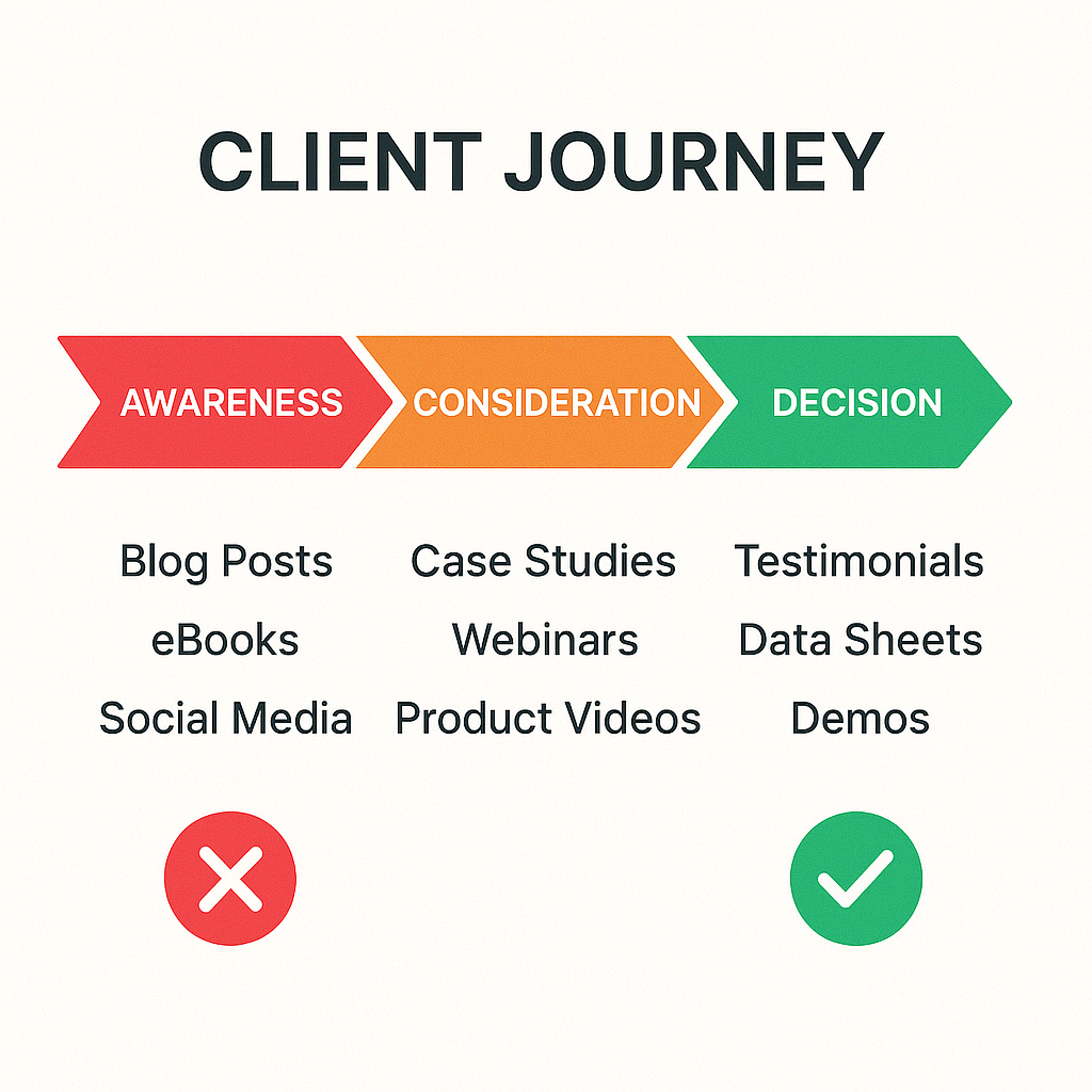 Infographic showing the stages of a client journey with content types at each stage