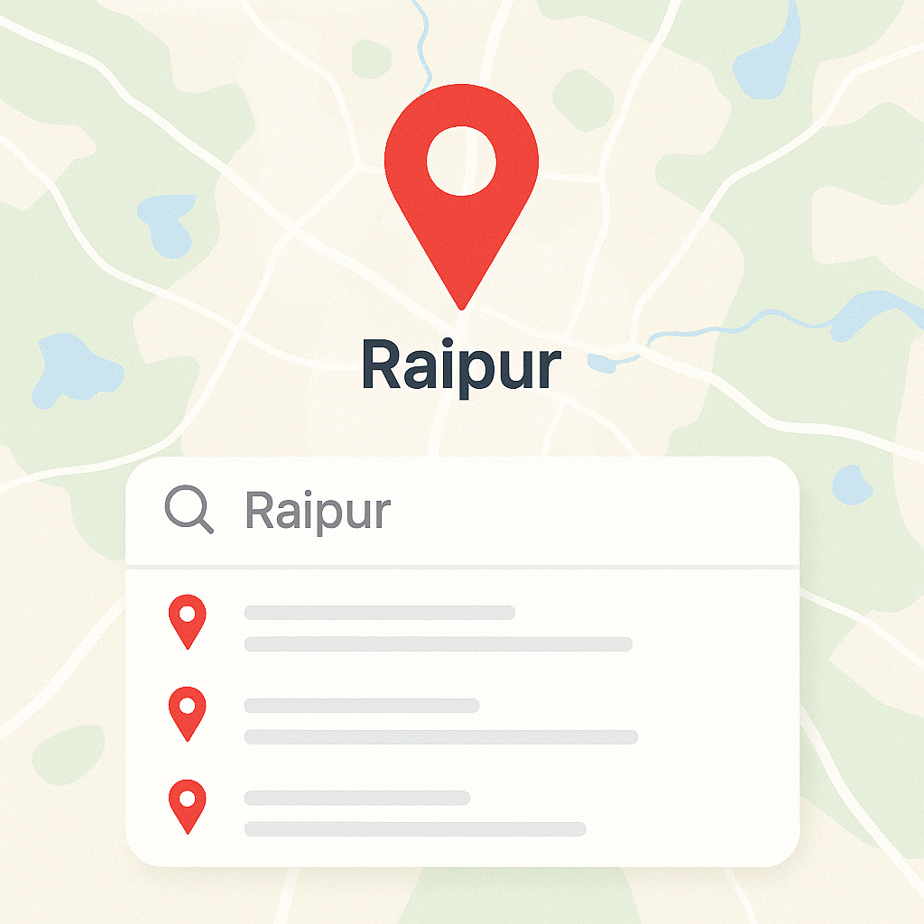 Map of Raipur with a red pin and local business search results