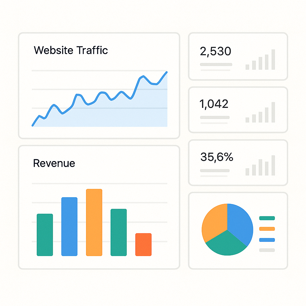 Dashboard with analytics graphs, KPIs, and pie charts showing website performance