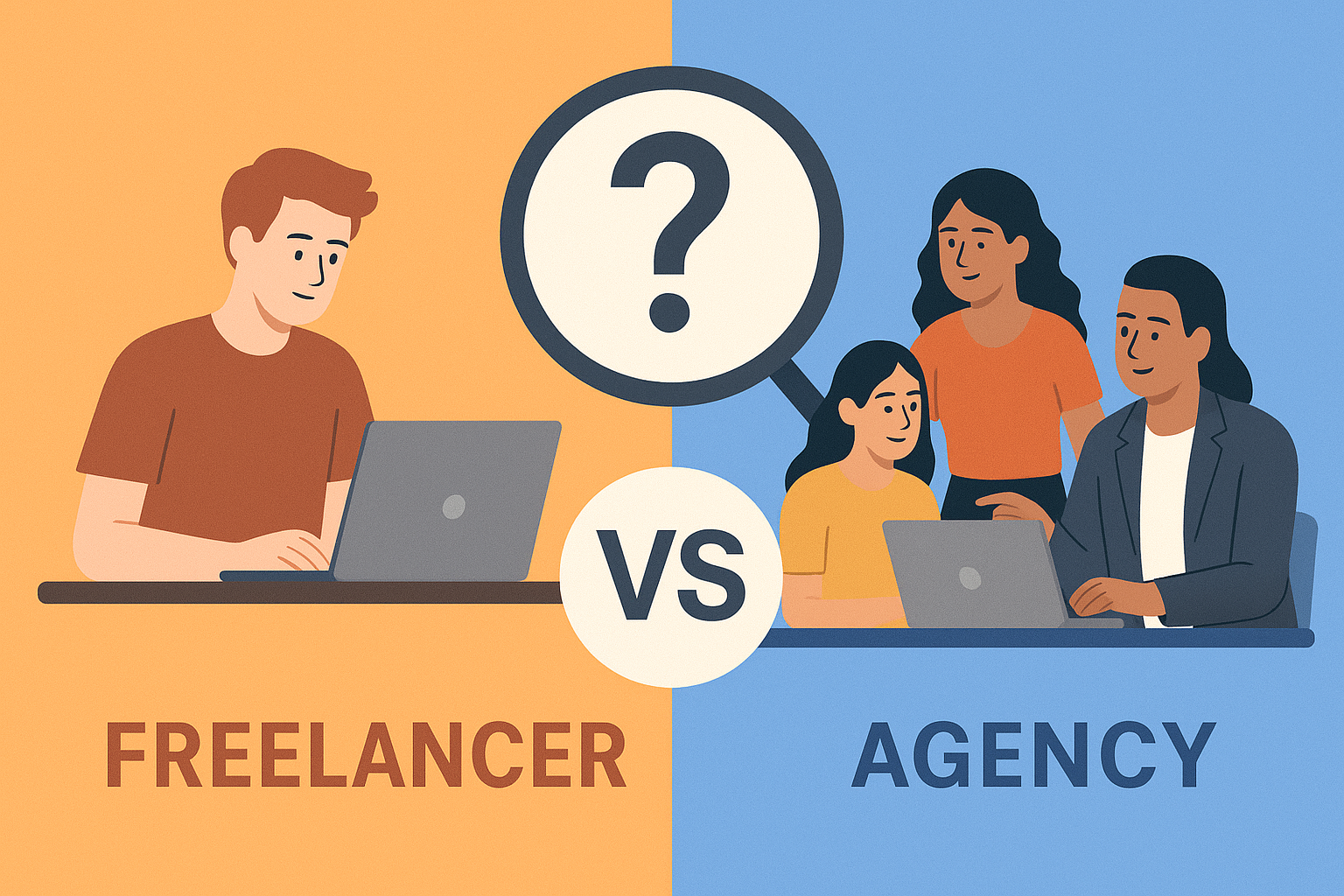 Split image comparing a freelancer and an agency team with a central "VS" magnifying glass