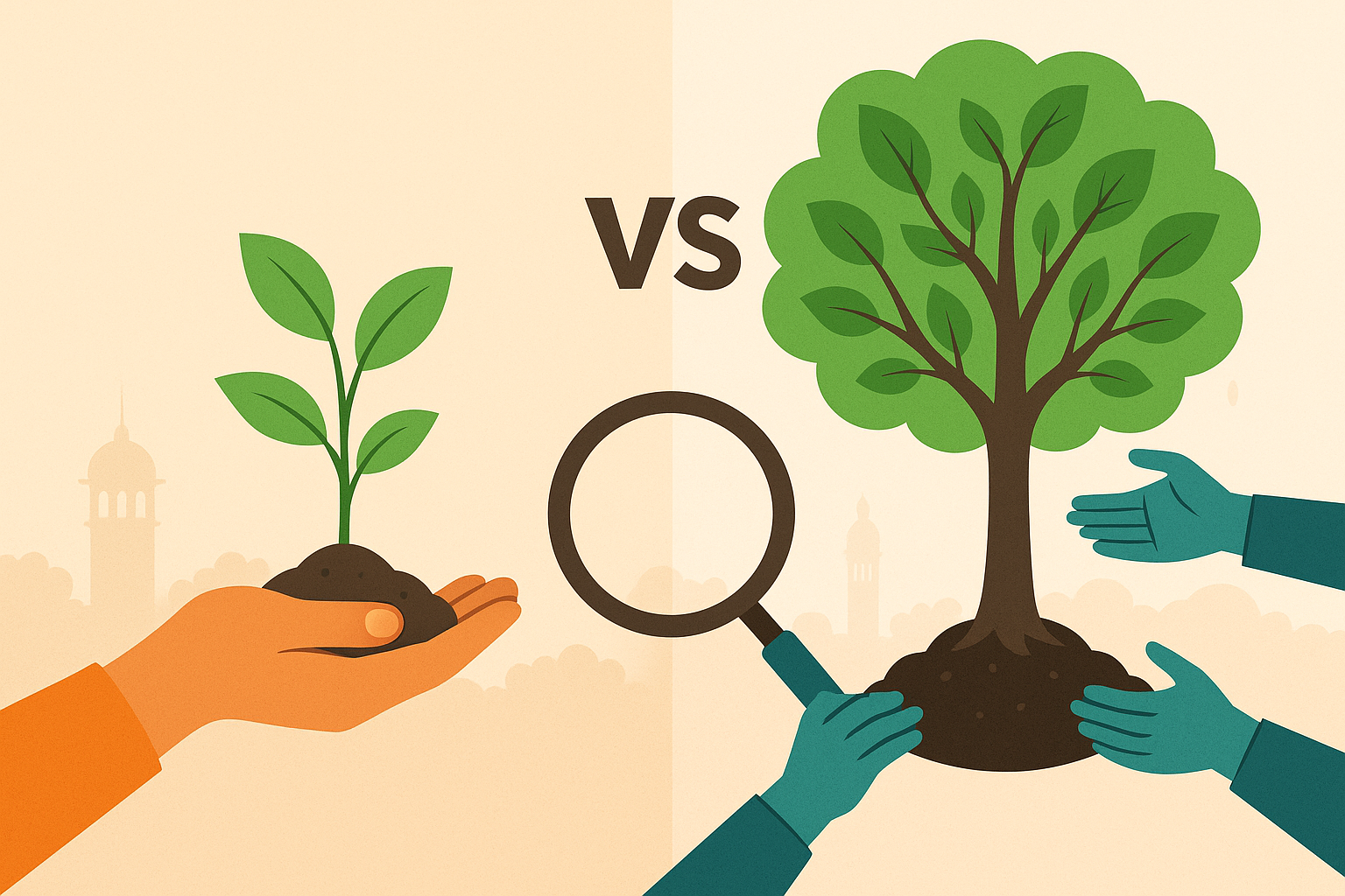 A split image showing a freelancer nurturing a small plant and an agency team tending a large tree, symbolizing project growth