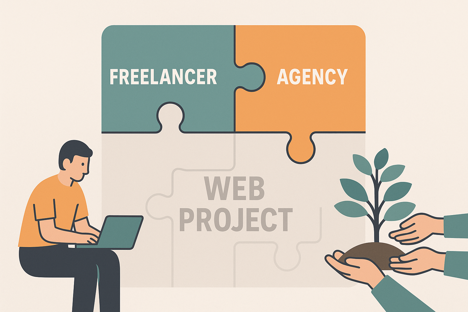 Puzzle infographic showing "Freelancer" and "Agency" pieces fitting into a "Web Project" layout