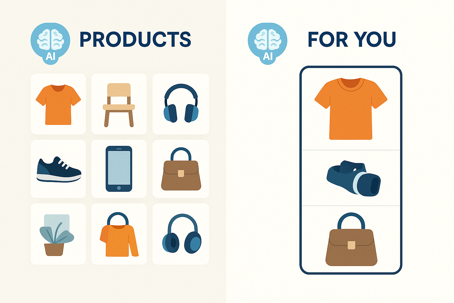 Split graphic with a grid of various product icons labeled “PRODUCTS” on the left, and a tailored “FOR YOU” section with fewer personalized items on the right, each marked with a blue AI brain icon.
