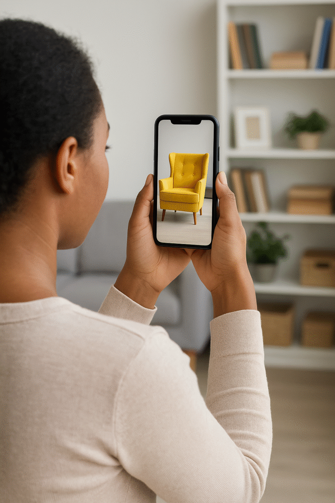 A woman holds up a smartphone in her living room, using AR to visualize a bright yellow armchair placed virtually in her space through the screen.