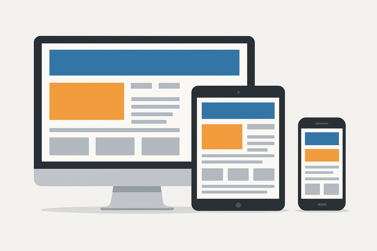 A single website layout shown adapting across three devices: a desktop monitor, a tablet, and a smartphone, demonstrating consistent responsive design.