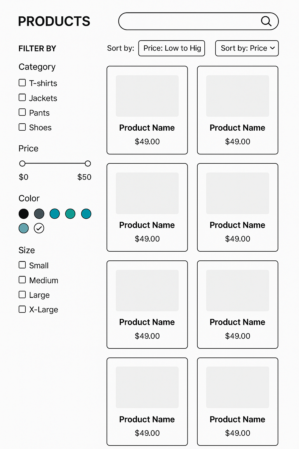 A digital screenshot of an e-commerce category page showing a prominent search bar, left-side filters for category, price, color, and size, and sorting options above a grid of product listings.