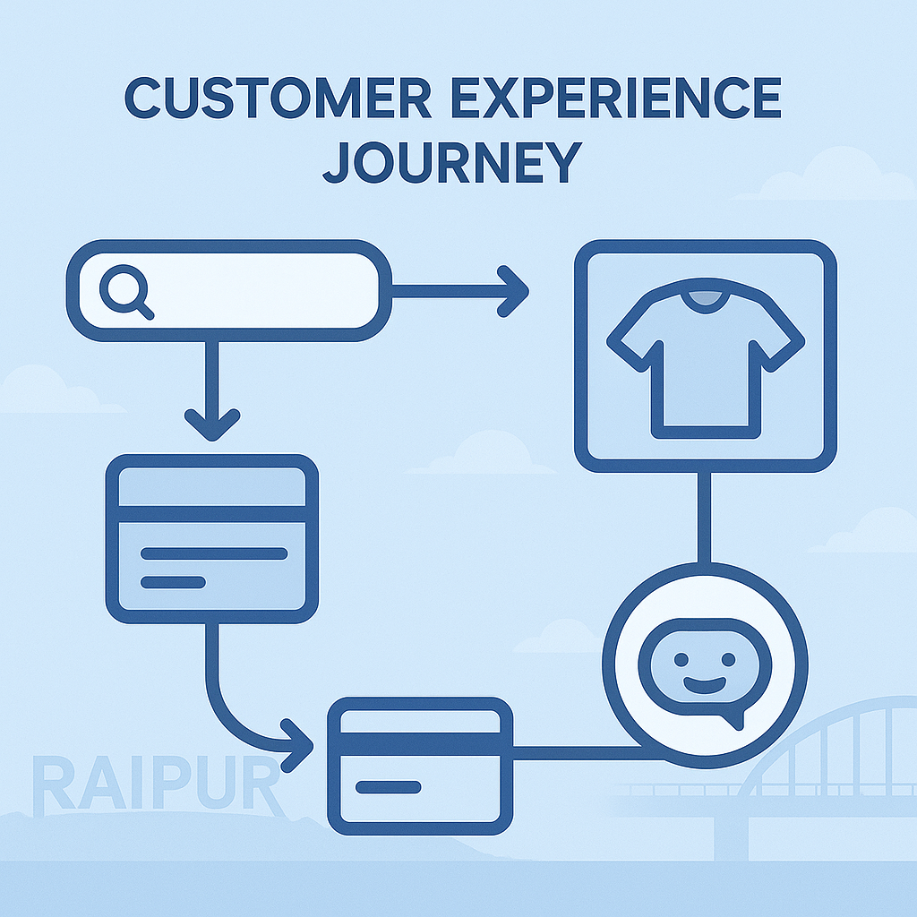 Flowchart showing a smooth customer journey: search bar, product image, payment, and chatbot, with a Raipur landmark and bridge subtly in the background.