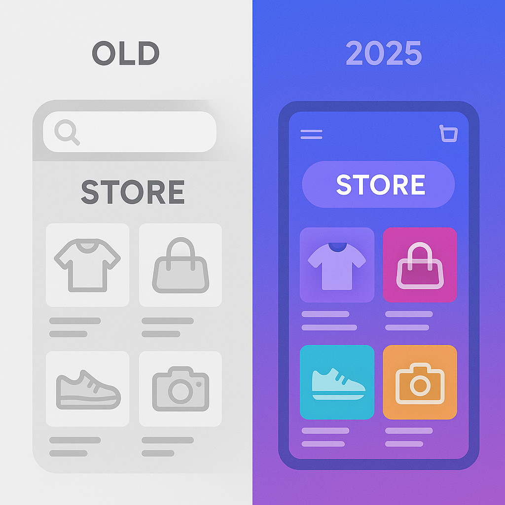 A split-screen image comparing a gray, outdated e-commerce site on the left with a vibrant, colorful, modern mobile store UI labeled “2025” on the right.