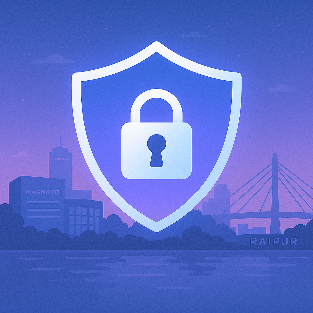 A glowing digital shield with a padlock symbol is overlaid on a twilight skyline of Raipur, featuring landmarks like Magneto Mall and Marine Drive with water reflections.