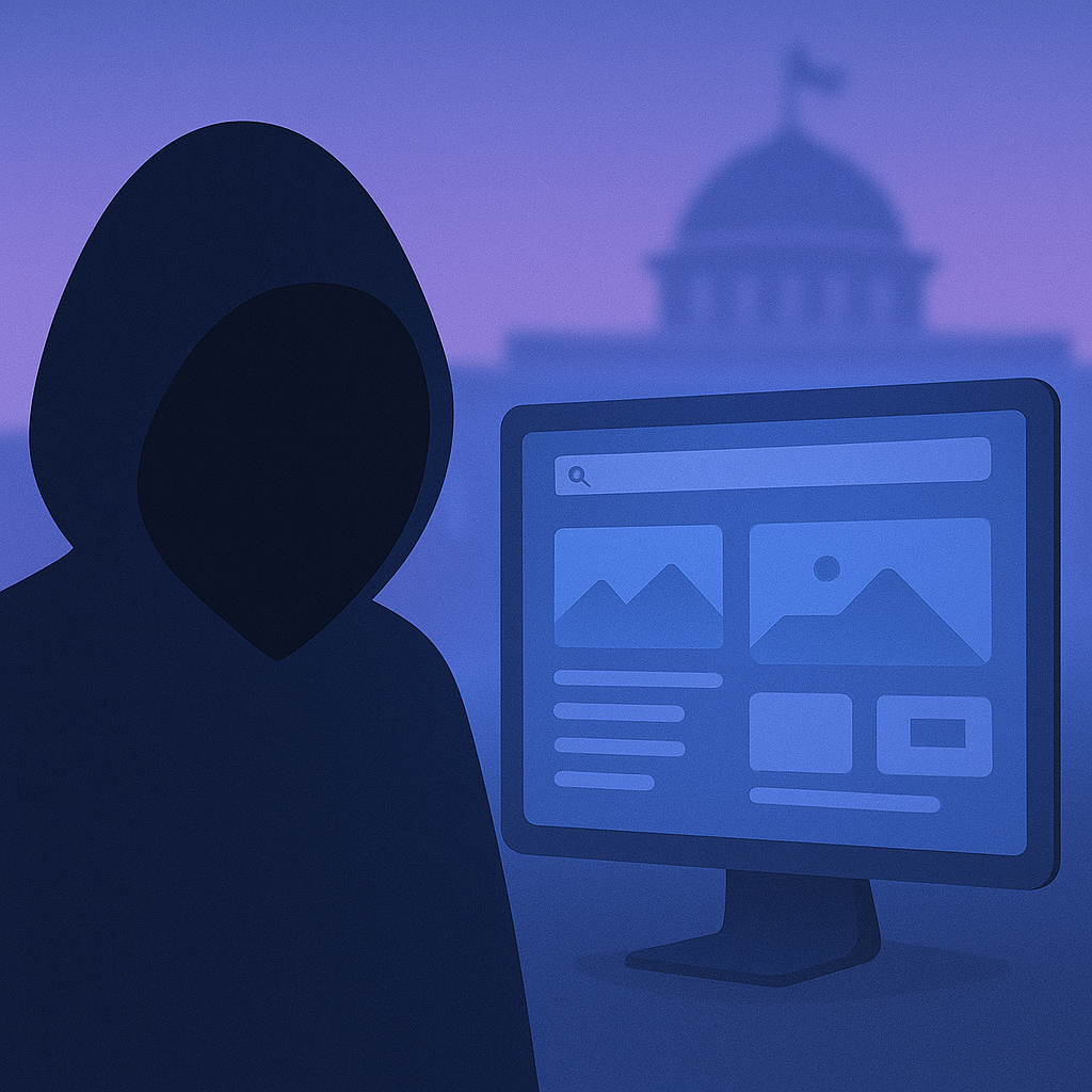 A hooded silhouette faces a digital website interface, with a blurred Raipur landmark dome faintly visible in the purple-blue background.