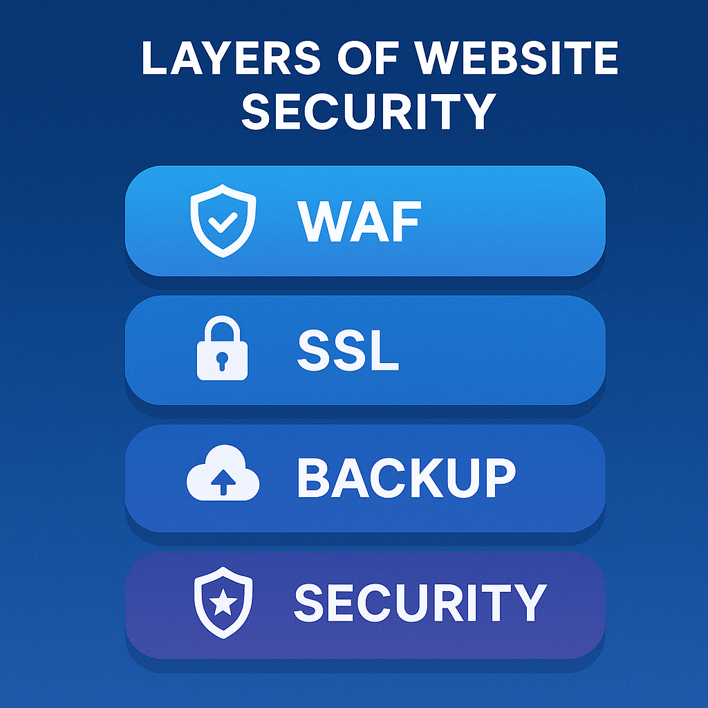 Infographic showing four stacked layers labeled WAF, SSL, BACKUP, and SECURITY, each with corresponding icons, on a gradient blue background.