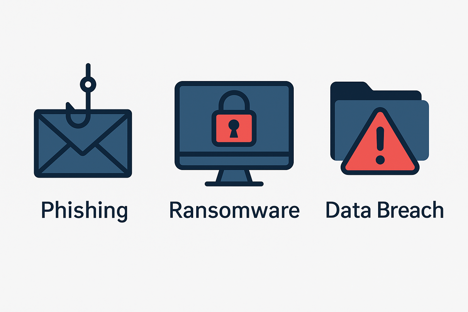 A flat-style icon set showing a phishing hook on an envelope, a computer with a ransomware lock, and a folder with a data breach alert symbol.