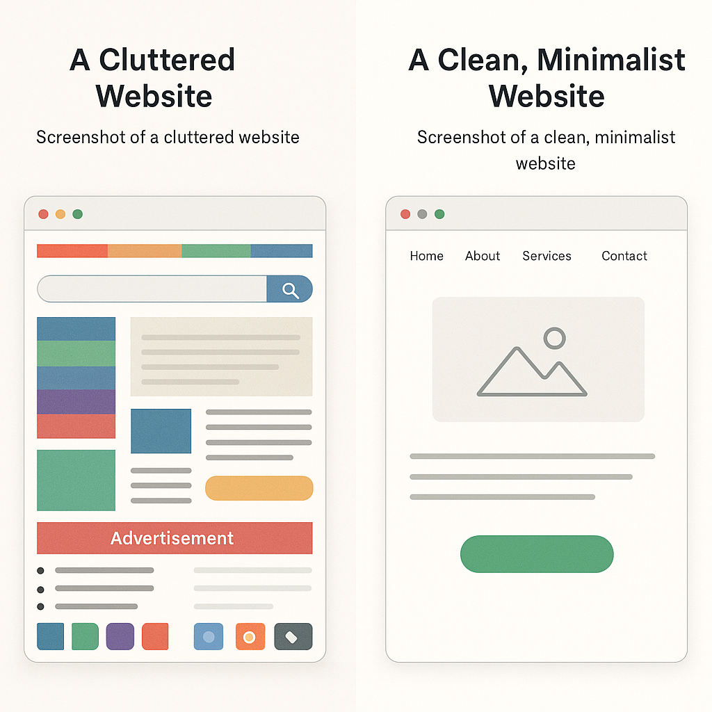 Side-by-side comparison of a cluttered website layout with excessive content and ads, versus a clean, minimalist design with simple navigation.