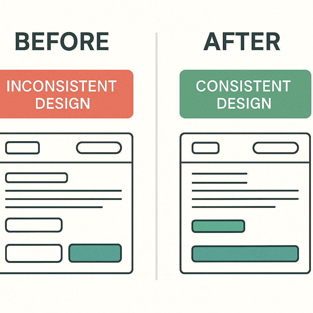 Side-by-side comparison of a web interface showing "Inconsistent Design" on the left and "Consistent Design" on the right with aligned elements and color harmony.