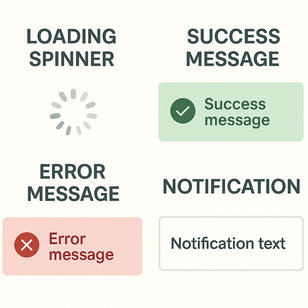 A grid showing four types of UI feedback—loading spinner, success message, error message, and general notification—each in a labeled box with corresponding visual cues.